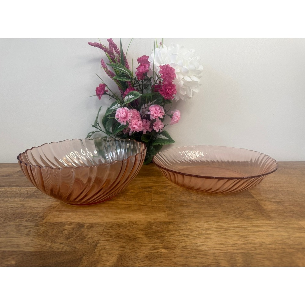 Vintage Arcoroc Rosaline Pink Swirl Glass Serving Bowls Set Retro Romantic Decor